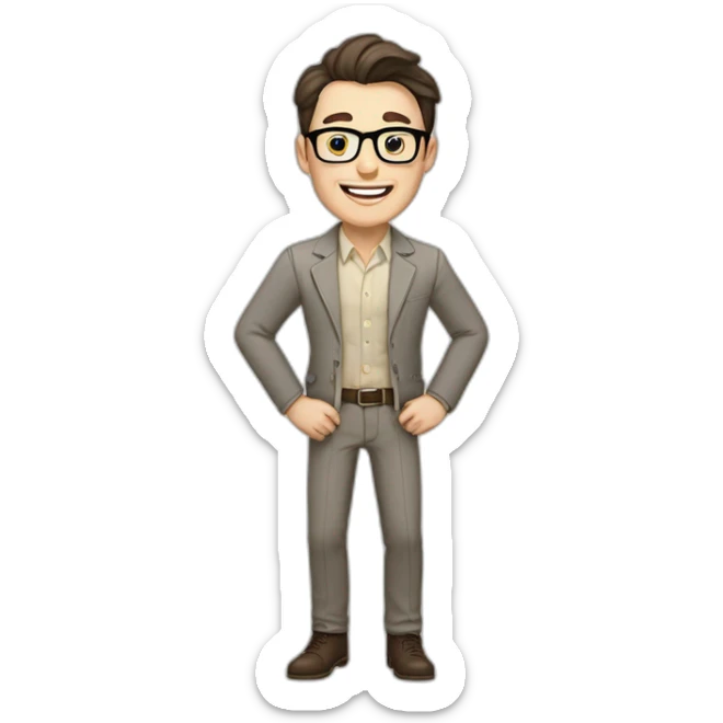 Joyful Pale skinned Fit Man With dark brown hair in gray jacket, beige office shirt, Brown pants and vintage glasses. His thrumbs up sticker
