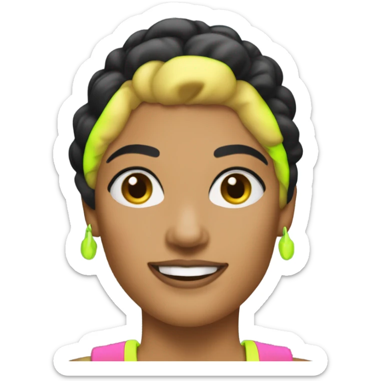 Tanned woman with black hair dressed in 1980s fitness hair, makeup, and neon attire  sticker