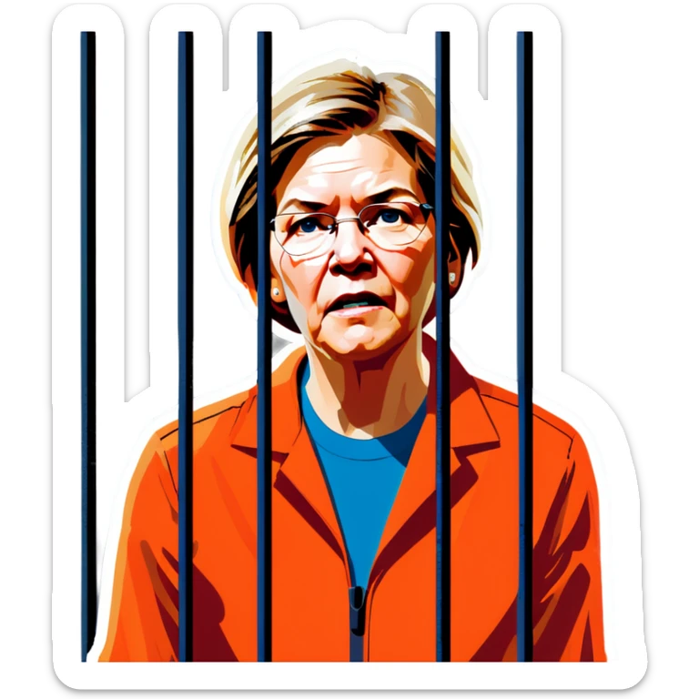 Make a picture of Senator Elizabeth Warren wearing an orange jumpsuit and behind bars make her look worried  sticker