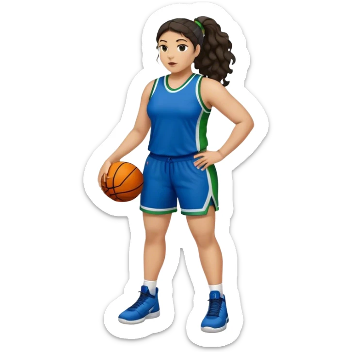 full body plus size light skin  latino women basketball player with wavy dark hair in pony tail wide nose wearing blue uniform with green accent sticker