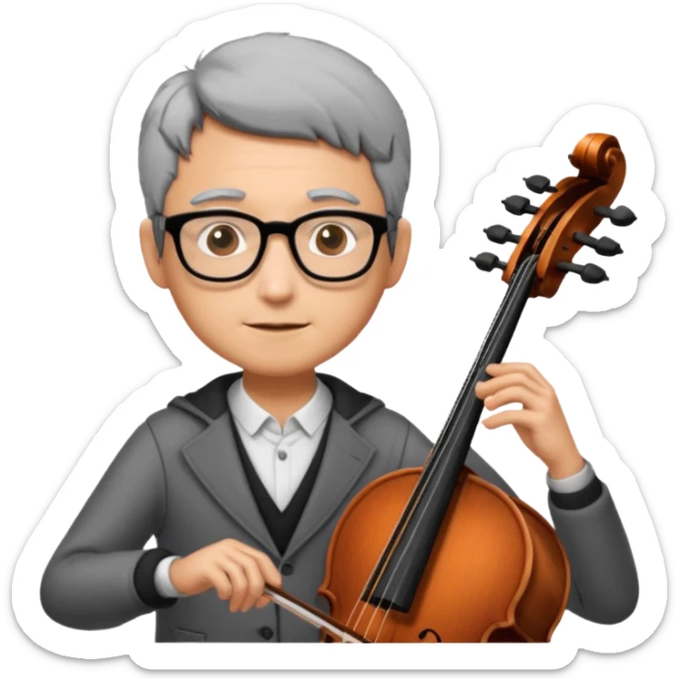 an emoji of my mum playing the cello, she has short black-ish gray hair, wears glasses, she is small sticker
