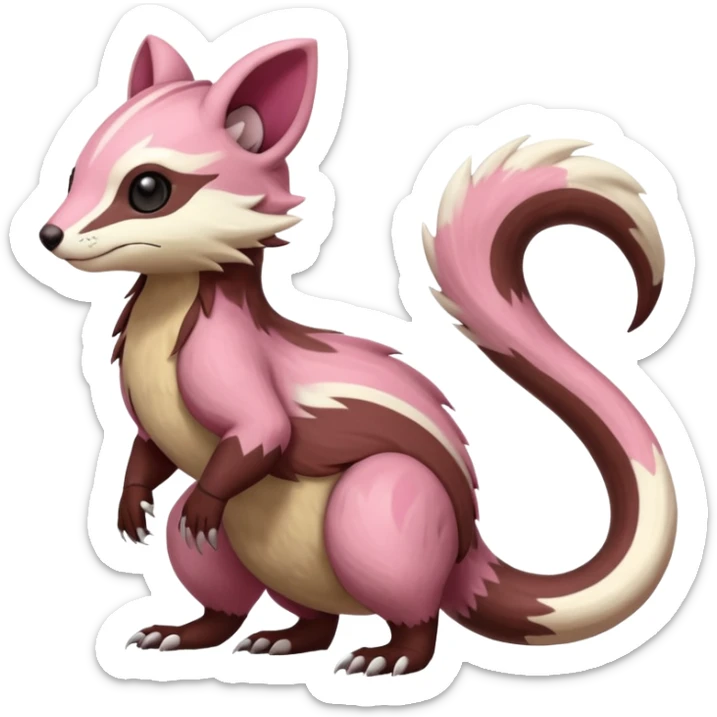 Rare realistic brown-scaled pink, white beige edgy badass epic pretty beautiful handsome gorgeous aesthetic colorful vibrant Vernid-Furret-Linoone-Salandit-Amaura-species-Fakemon-creature by LiLaiRa, random markings, (full body) sticker