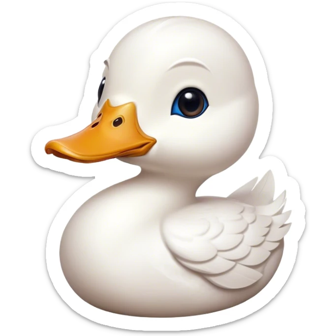 Cinematic Noble White Duck Portrait Emoji, Poised and regal, with a sleek, streamlined build and a pristine, well-groomed pure white plumage, deep-set soulful bright eyes, Simplified yet sharp and sophisticated features, highly detailed, glowing with a soft, dignified glow, high shine, intelligent and graceful, stylized with an air of aquatic elegance, focused and attentive, soft glowing outline, capturing the essence of a watchful and confident waterfowl, so majestic it feels as though it could glide out of the screen with effortless authority! sticker