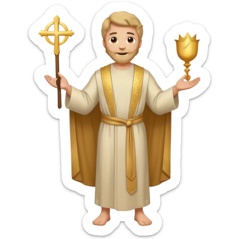 fullbody apostle Peter, classic emoji style, lighter colors, sleeveless shirt like in 'The Chosen', plain robes, expressive face, standing, smiling, halo sticker