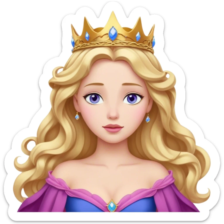 Cinematic Realistic Sleeping Beauty (Aurora) Portrait, with porcelain-like skin featuring a natural rosy flush, illuminated by soft lighting that highlights the gentle contours of her face. Her golden blonde hair flows in soft, detailed waves with subtle highlights that shimmer in the light. Her deep violet-blue eyes radiate warmth and innocence, framed by arched brows and long lashes. Her serene expression exudes quiet elegance. She is dressed in her classic pink gown, the fabric rich in texture with delicate folds that catch the light. A golden crown rests atop her head, gleaming with royal refinement. The portrait captures a soft, glowing aura, blending realism with an ethereal sense of beauty and timeless enchantment. sticker