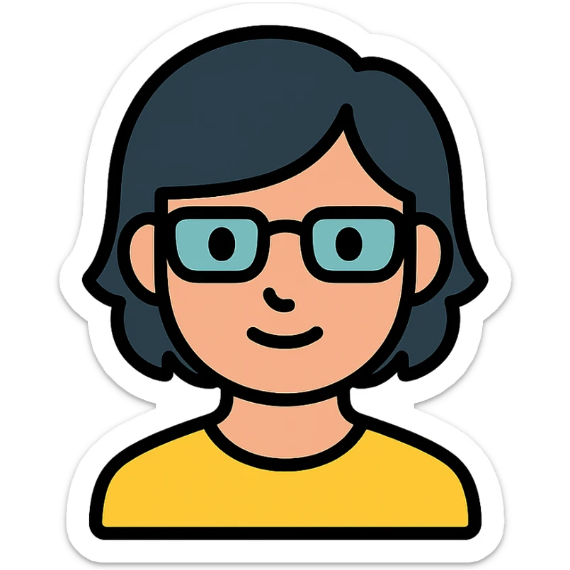 a dark-haired guy with hair to his earlobes, square glasses, brown eyes sticker