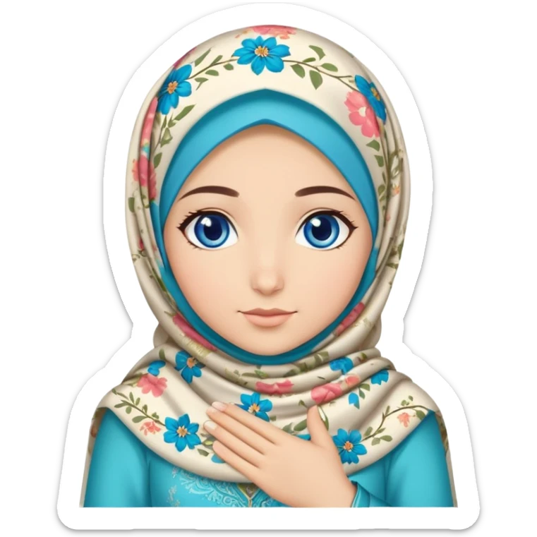 Turkish beautiful finish Konya girl blue eyes with floral hijab dress islamic dress and had on her hand text Eid Mubarak  sticker