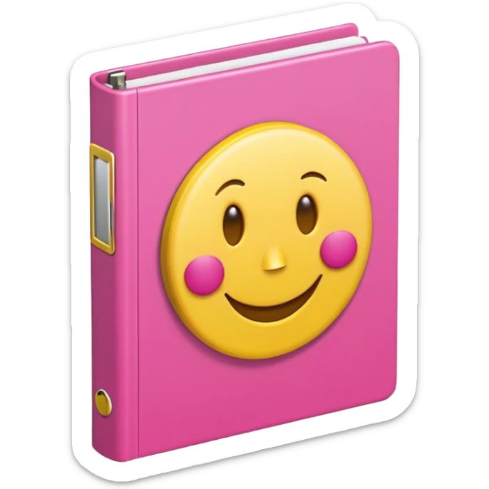 libreta de anillos rosada en perspectiva isometrica con sticker de carita feliz amarilla, con aspecto de emoji de apple sticker