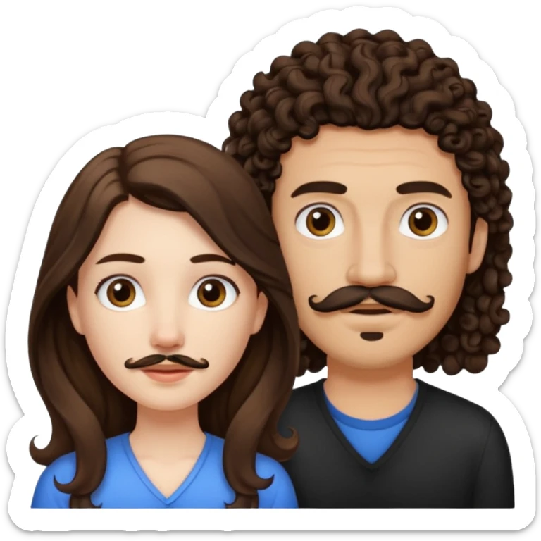 Couple emoji: girl is pale with brown straight long hair and boy is tan with black curly hair with a mustache and a goatee sticker