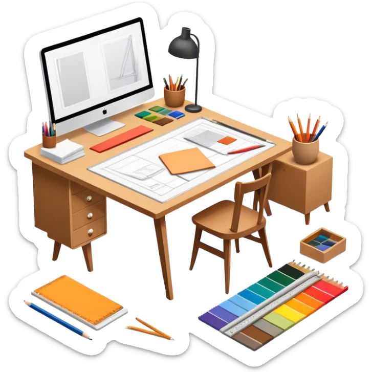 Icon for Furniture Design: a workspace with a designer sketching a piece of furniture, surrounded by design tools like a ruler, pencil, fabric swatches, and a 3D model of the furniture. The icon should represent the design process and creativity in furniture making. Transparent background. sticker