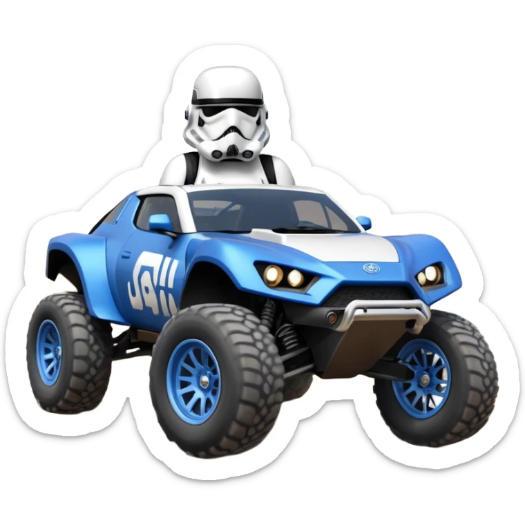 storm trooper evil darkly night blue Dirty and dented Local Motors Rally Fighter off road race car hot rod meets 2013 Toyota 86 trophy truck-style basher flying on a dusty road (silver wheels) sticker