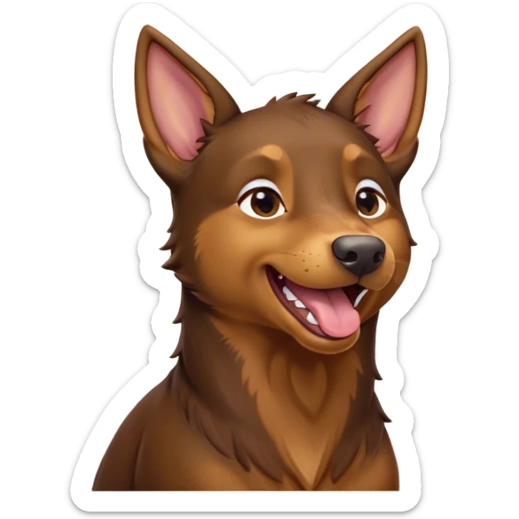 Cinematic Cute Yawning Brown and Tan Kelpie Portrait Emoji, Head tilted slightly with a dramatic, wide-open yawn, showcasing a smooth brown Fur with distinct tan highlights, floppy ears slightly drooping, round warm eyes barely open in drowsy contentment, Simplified yet irresistibly adorable features, highly detailed, glowing with a soft, cozy glow, high shine, relaxed yet expressive, stylized with a touch of whimsy, bright and endearing, soft glowing outline, capturing the essence of a sleepy yet affectionate herder, so drowsy it feels like it could stretch out of the screen and curl up for a nap! sticker