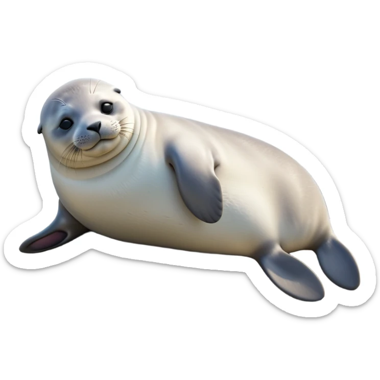 cinematic-seal-realistic-full-body-lounging-emoji,-plump-sleek-body-stretched-out-on-a-rocky-shoreline,-short-smooth-fur-glinting-in-the-sea-breeze,-flippers-tucked-comfortably-beneath-its-body,-large-dark-eyes-filled-with-playful-curiosity,-whiskered-muzzle-lifted-slightly-as-if-smiling,-simplified-yet-realistic-focused-features,-highly-detailed,-glowing-with-a-refreshing-marine-radiance sticker