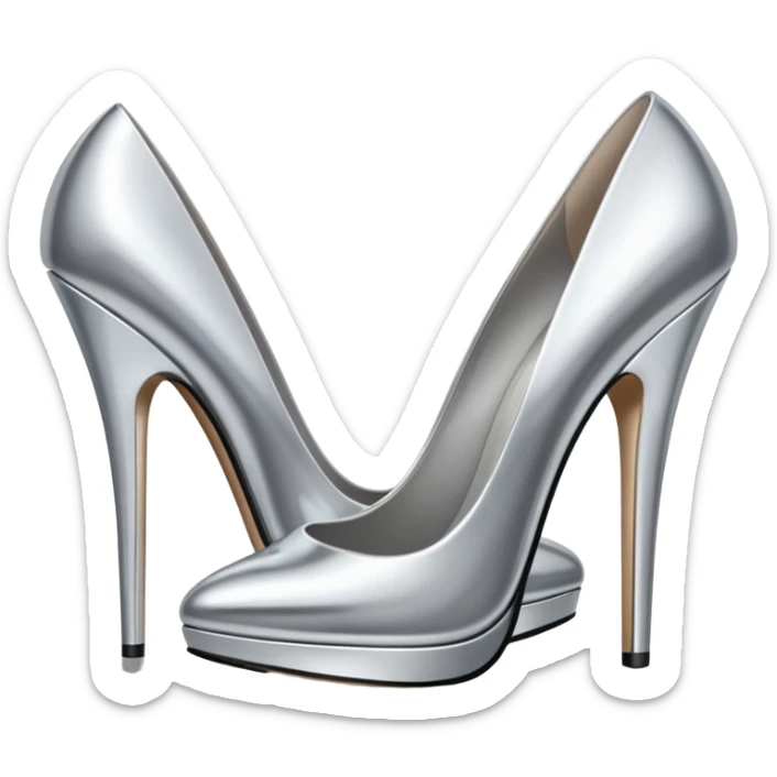 A pair of high heel shoes emoji made of polished silver chrome, elegant sharp silhouette, smooth metallic surface, glossy reflections, luxury sexy vibe, minimalistic iOS emoji style, centered, clean white background sticker