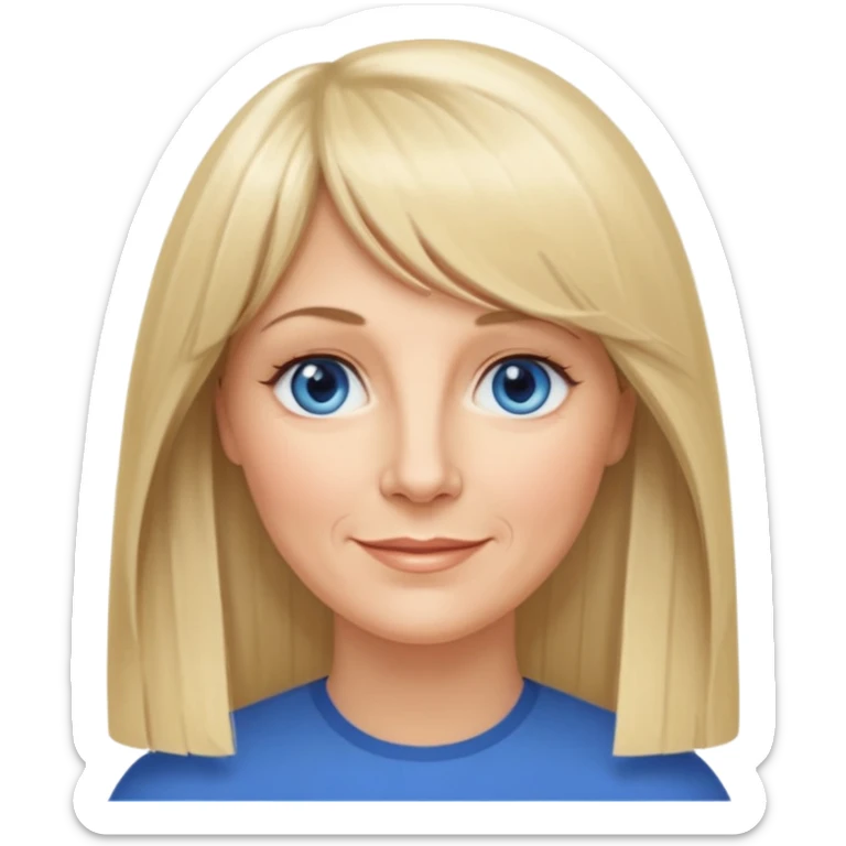 50 yr old white woman, curtain bangs, very long straight blond hair, oval face, small smile, blue eyes, thin face, hair down to elbows, round cheeks sticker
