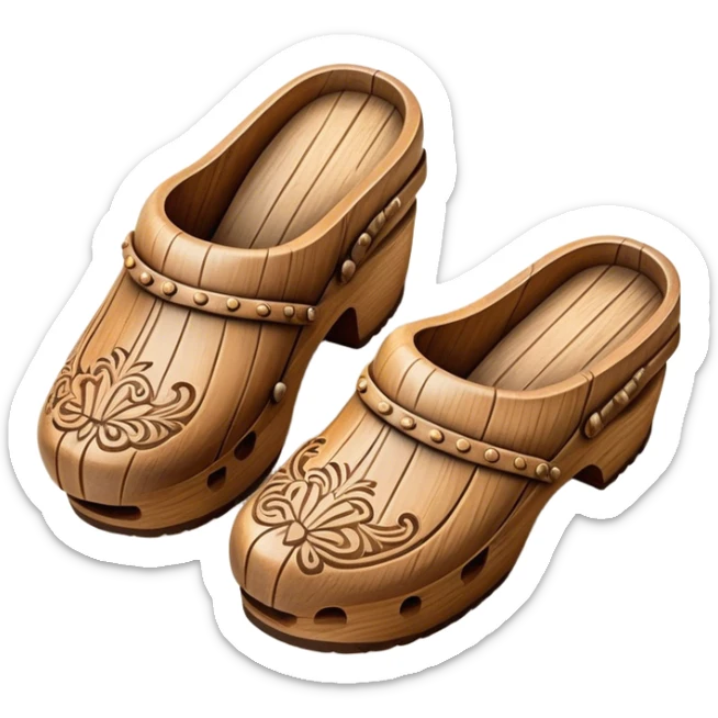 Cinematic Realistic Wooden Clogs Emoji, depicted as a pair of traditionally carved weathered wooden clogs with intricate details and rustic charm, rendered with rich textures and warm natural lighting that captures their cultural heritage. sticker