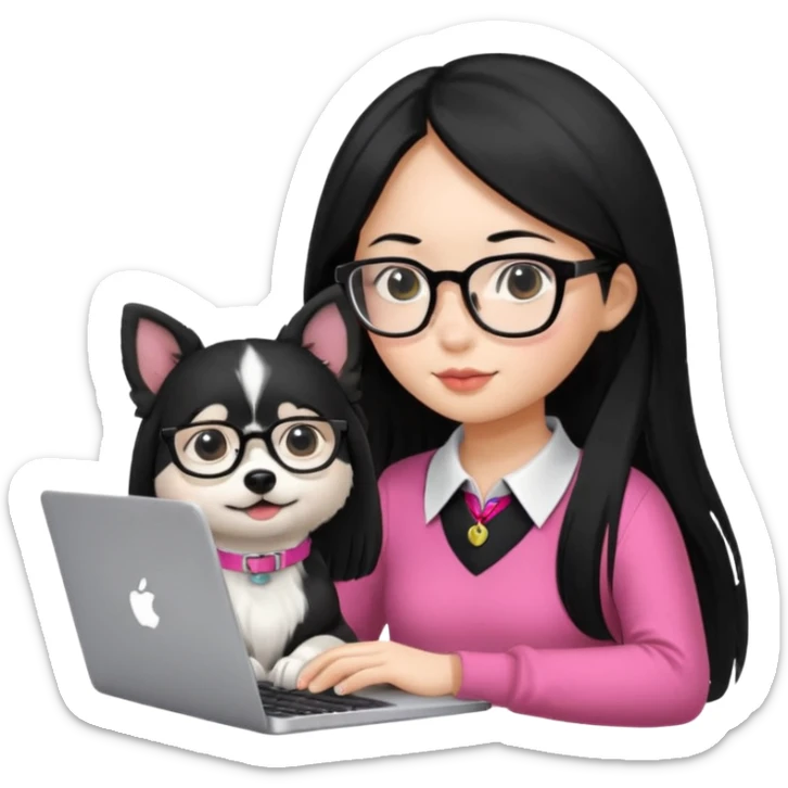 Asian girl with long black hair working on an Apple laptop, next to her is a small black and white dog with pink collar on  sticker