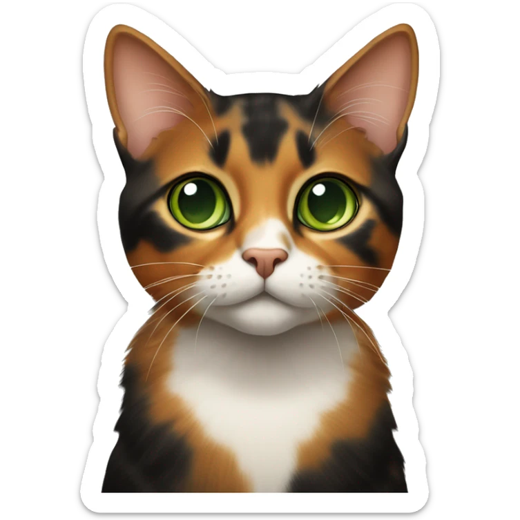Cat with piercing green eyes, a sleek tortoiseshell coat of black and caramel hues, and an orange stripe down the nose. sticker