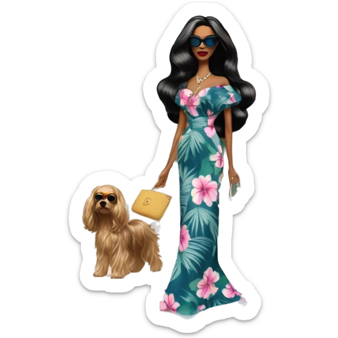 Palm Beach Breeze Barbie, teen Morticia Addams ,walking by the pool, white skin, full body visible, wavy hair,handbag, aloof,eyeshadow,earrings,open flowing floral caftan,small 2 piece, sunglasses on top,heels,holding yorkie Miss Thang sticker