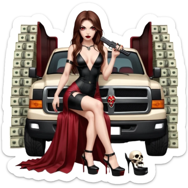 Lilith symbol red eye seductress evil long brown haired sexy succubus woman with leather long dress with slit, sitting in Big Large F350 pickup truck. Black Platform high heels on feet. Back of truck full of stacks of cash, sitting behind her is  a human skull with a gun in other hand sticker