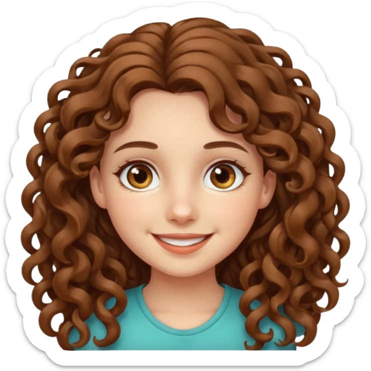 A girl with long curly brown hair, fair skin and beautiful hazel eyes, smiling.  sticker