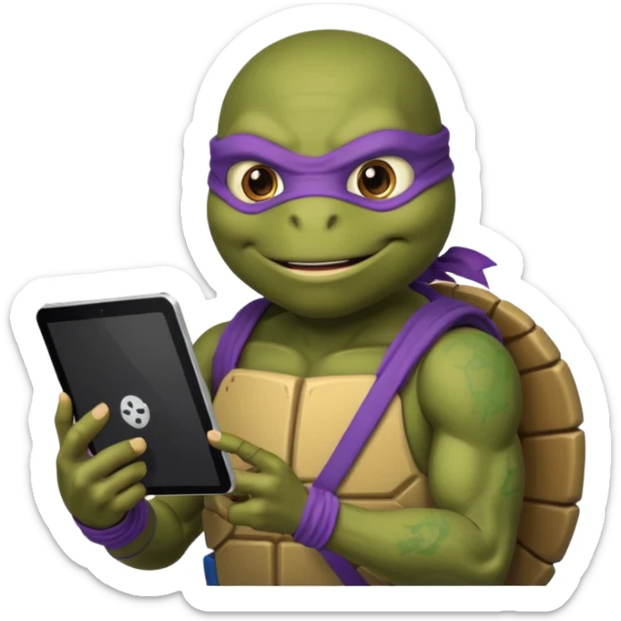 Donatello from Teenage Mutant Ninja Turtles, emoji style, with a tablet showing a hacking screen in hand sticker