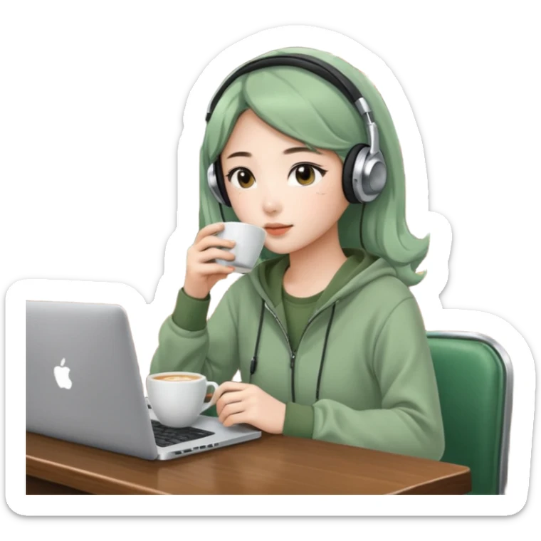 A Korean girl at a dive bar with a laptop and headphones with coffee watchin a korean drama the clothes in sage green sticker