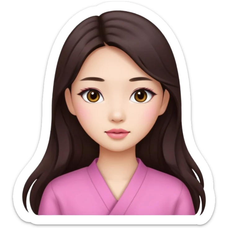 Asian girl with long brunette hair, white skin, makeup pink natural  sticker