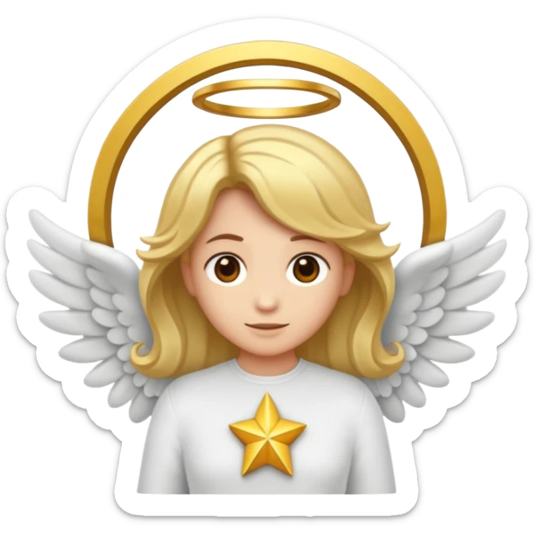 "Um emoji de anjo com cabelos loiros, um halo, asas, segurando um sinal de 'compartilhar' em letras em negrito." sticker