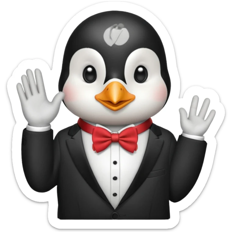 Un pinguino con una pajarita roja haciendo el gesto con la mano abierta de cumplir una promesa sticker