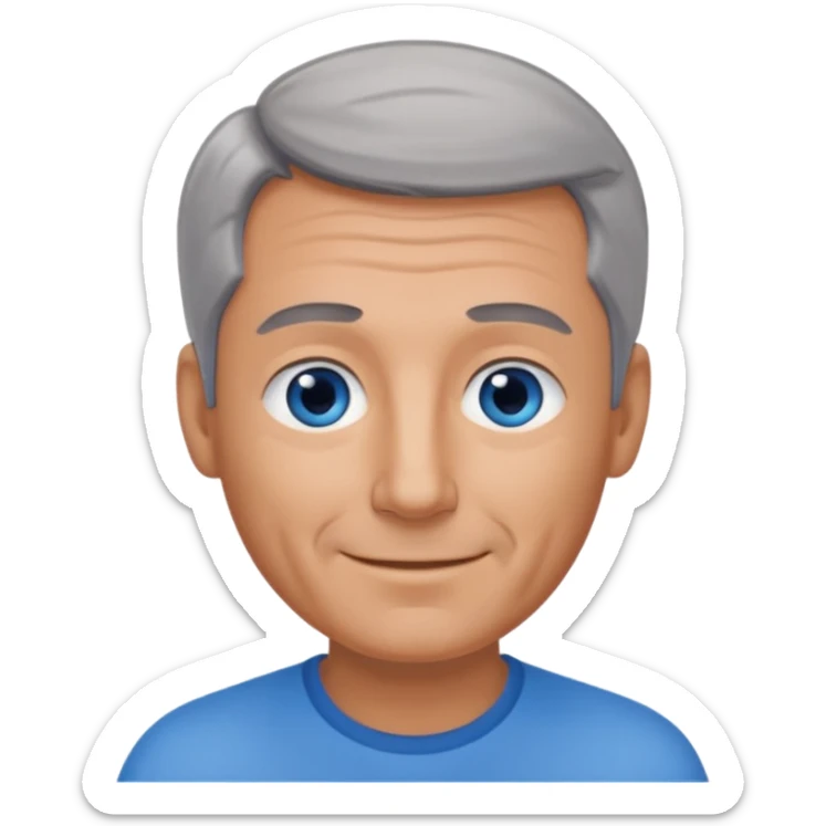 Middle aged man with tanned skin, receding dark grey hair and no beard, blue eyes, shy smile sticker
