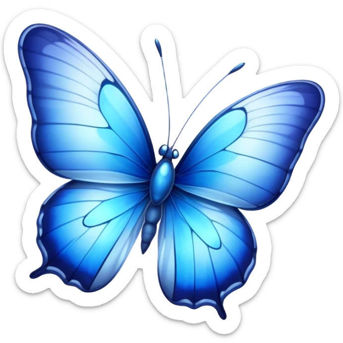 Cinematic Realistic Noble Blue Butterfly Portrait Emoji, Poised and graceful, with delicate, translucent wings rendered in vivid sapphire and indigo tones, a slender, elegant body with finely detailed textures, and gentle, reflective eyes, illuminated by soft natural light, high shine, intelligent and ethereal, styled with an air of refined natural beauty, focused and attentive, soft glowing outline, capturing the essence of a watchful and confident blue butterfly that appears to flutter out of the screen with effortless grace! sticker