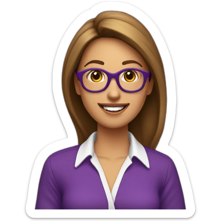 mujer-piel blanca-gafas-sonriendo-camisa morada-pelo corto-castaño sticker