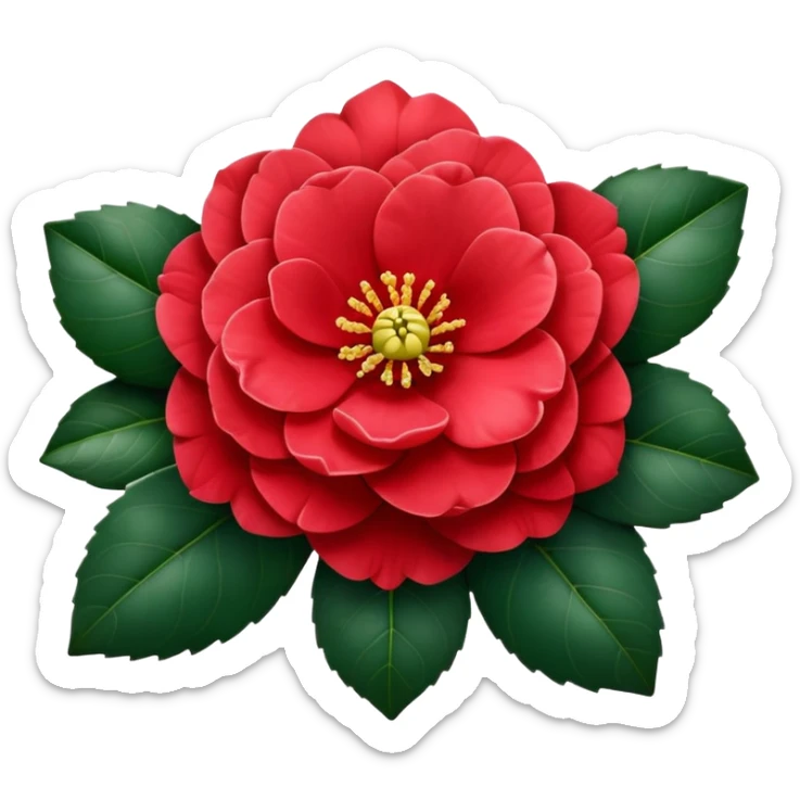 Traditional red camellia japonica (tsubaki) flower with perfectly symmetrical layered petals and glossy dark green leaves sticker
