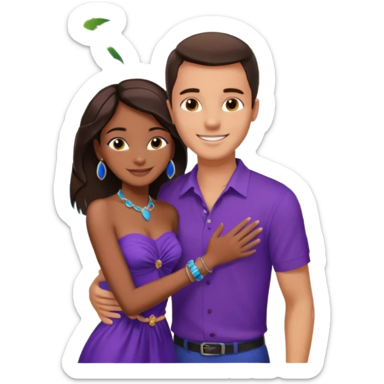 Tan tall brunette European male in blue shirt smiling and hugging a jet black African girl in purple strapless dress and blue jewelry they are on a beach with palm trees sticker