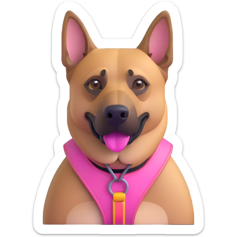 Add a pink harness, pink muzzle, and pink collar to the Belgian Malinois dog, keeping the 3D emoji iOS 18 style sticker