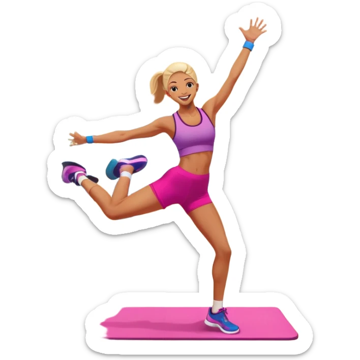 An energetic person performing an aerobics workout in a brightly lit gym, jumping and stretching with enthusiasm. The scene includes vibrant fitness equipment like dumbbells and exercise mats, with a background of cheerful, motivating colors, conveying energy and movement. sticker
