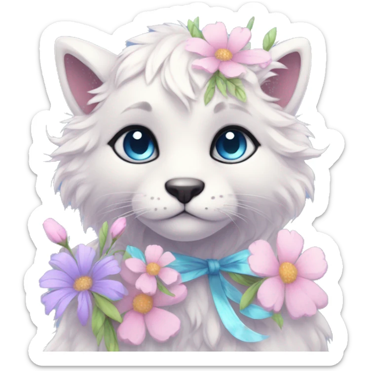 Anthro Cute Cool Pastel Kawaii gorgeous sparkly ethereal fantasy animal creature with blue eyes furry sona with flowers and ribbons beautiful aesthetic sticker