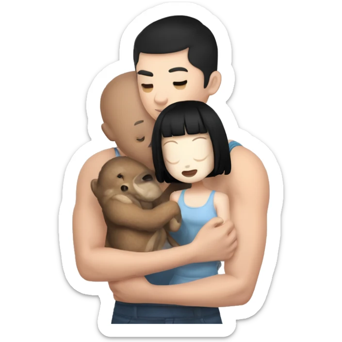 black haired but white skin girl holding a plushie while being kissed in the head by her white skin strong muscular bf who has short hair like a buzz cut u sticker