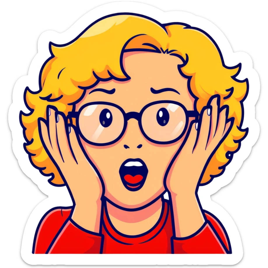 Blonde woman with short curly hair, slightly overweight, wearing red-framed glasses, shouting with hands on both sides of her mouth sticker
