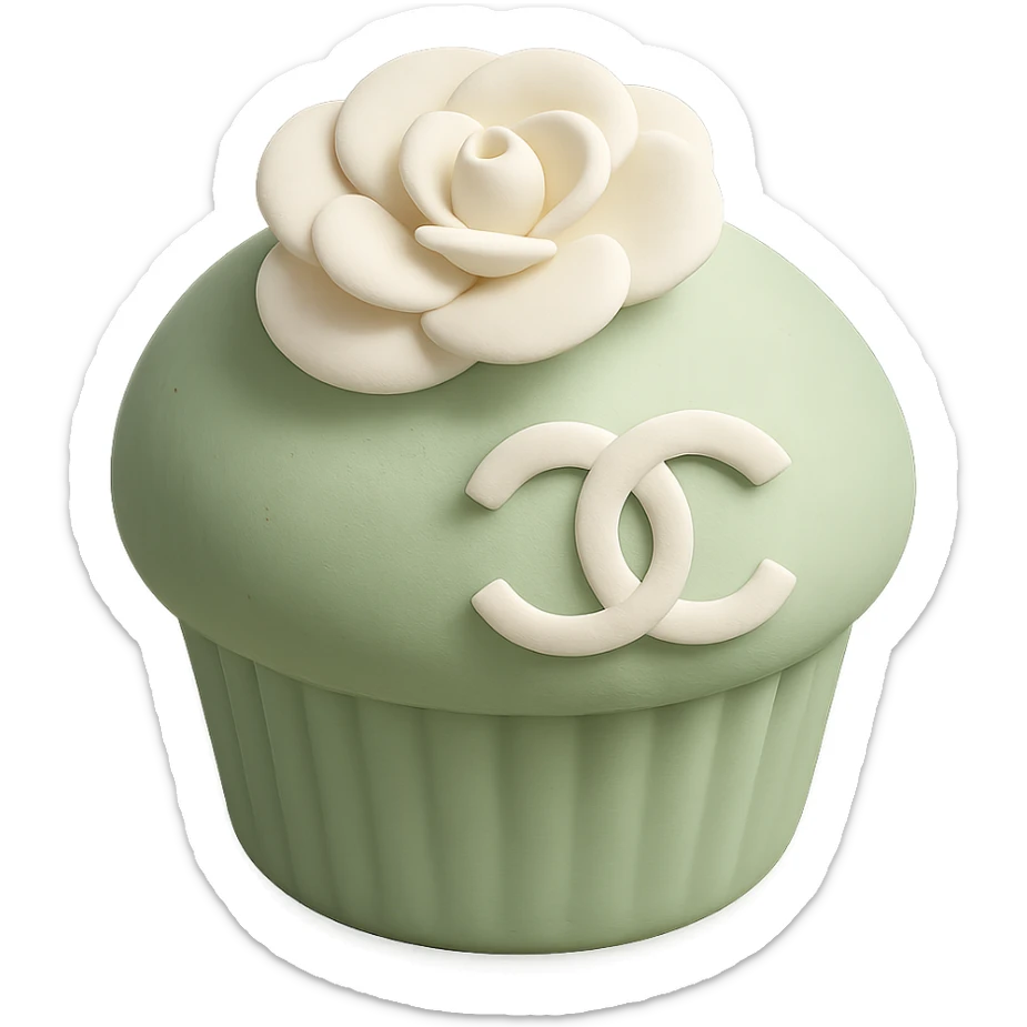 pastel green Chanel cupcake with a white camellia flower and edible logo, delicate and elegant sticker