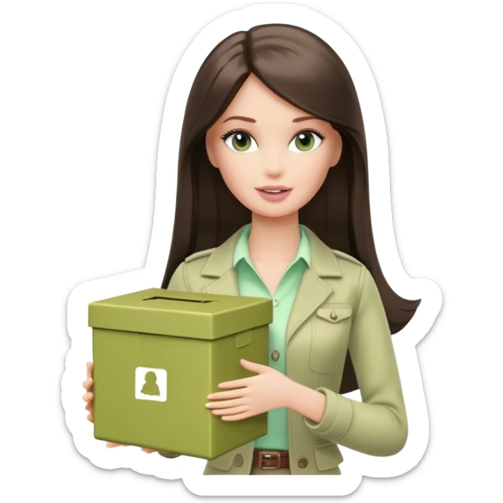 A white Barbie girl with long dark brown straight hair in pale olive clothes holds pale green box sticker