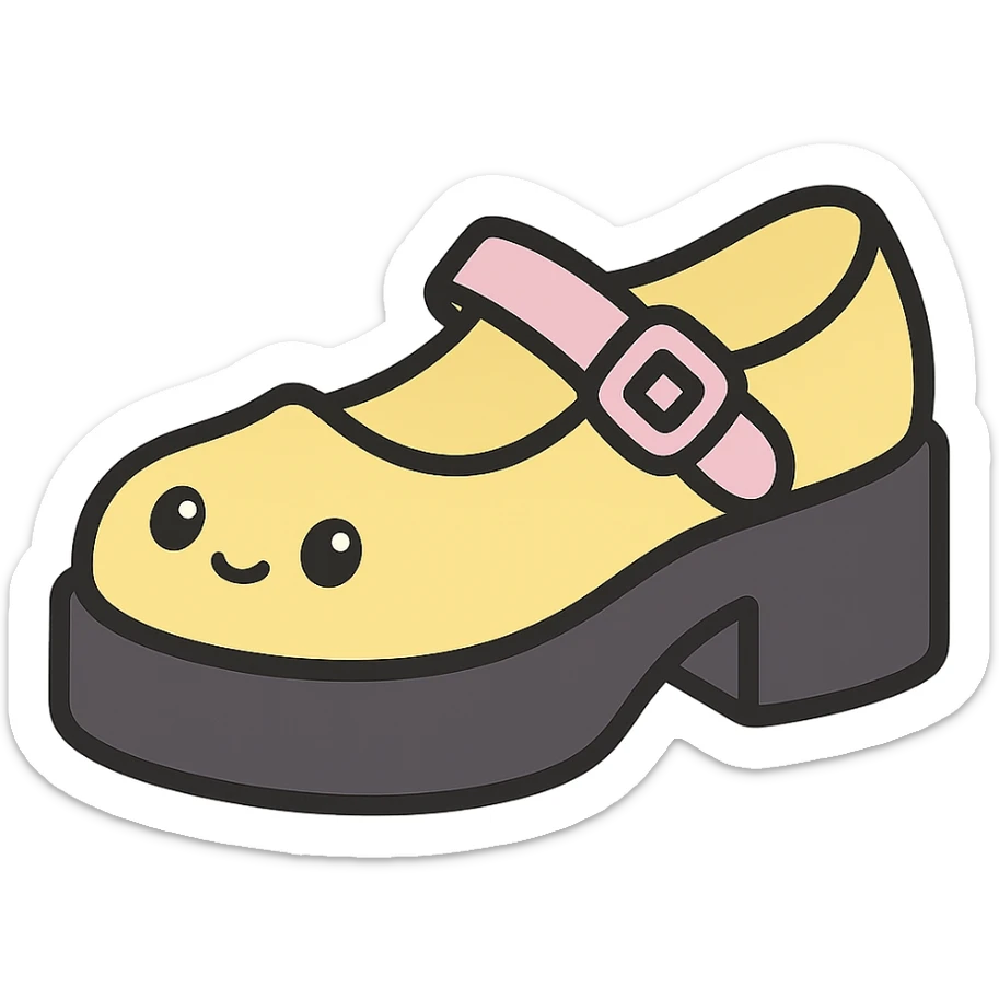 Make the shoes pastel yellow with black and pink accents, kawaii style, no socks, no hearts, transparent background sticker