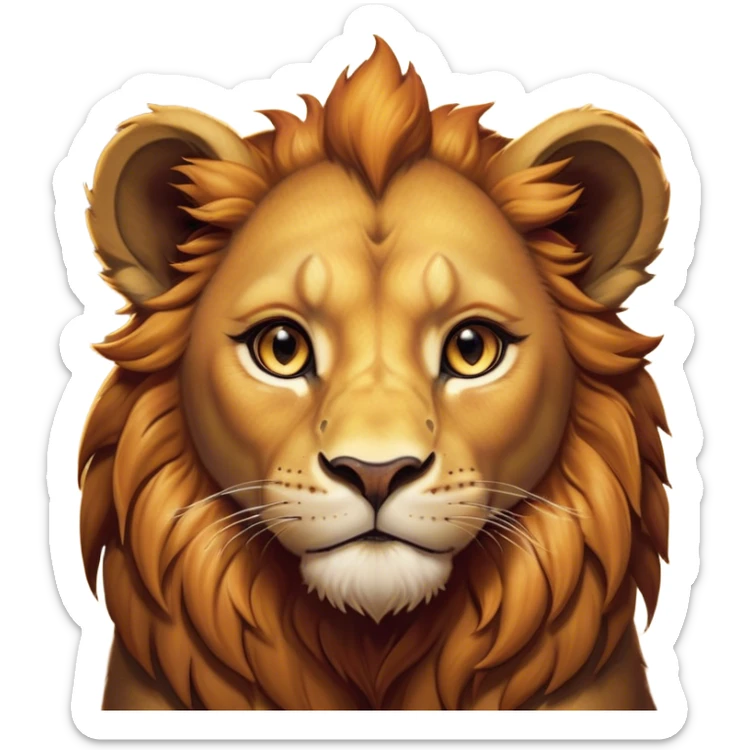 Cinematic Noble Lio Cub Portrait Emoji, Poised and regal, with a powerful, muscular build and a majestic, tawny mane, deep-set soulful amber eyes, Simplified yet sharp and sophisticated features, highly detailed, glowing with a warm, dignified glow, high shine, intelligent and fierce, stylized with an air of wild majesty, focused and attentive, soft glowing outline, capturing the essence of a watchful and confident king, so majestic it feels as though it could roar out of the screen with effortless authority! sticker