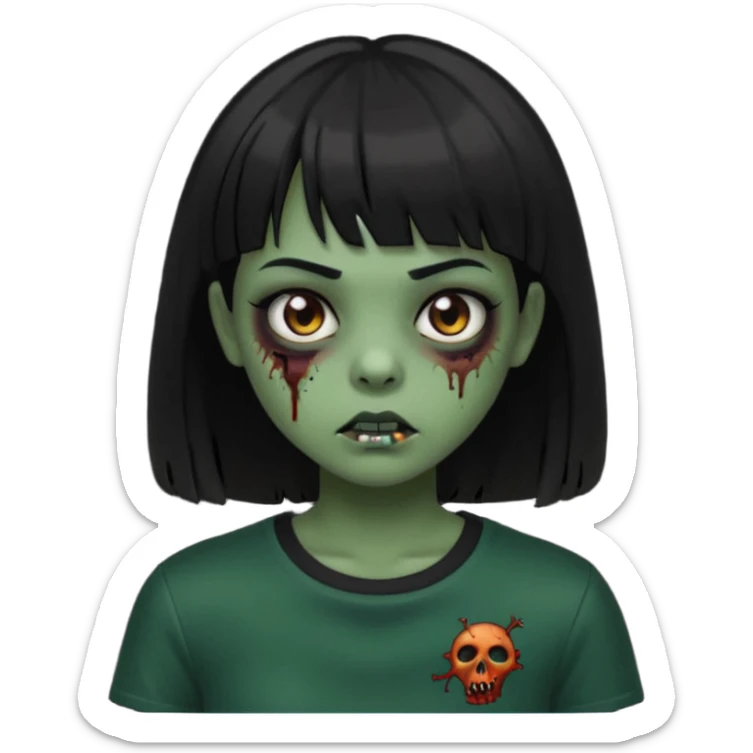 Zombie girl emoji verde escuro com cabelo curto liso preto no ombro e franja na altura da sobrancelha com uma blusa preta, olhos castanhos escuros sticker