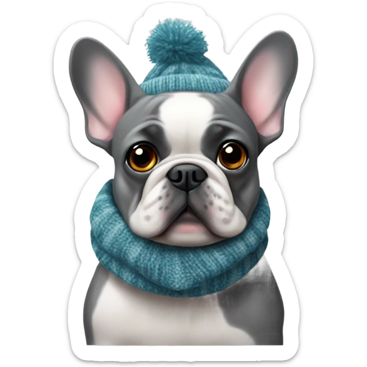 gray French bulldog in christmas knitted scarf sticker