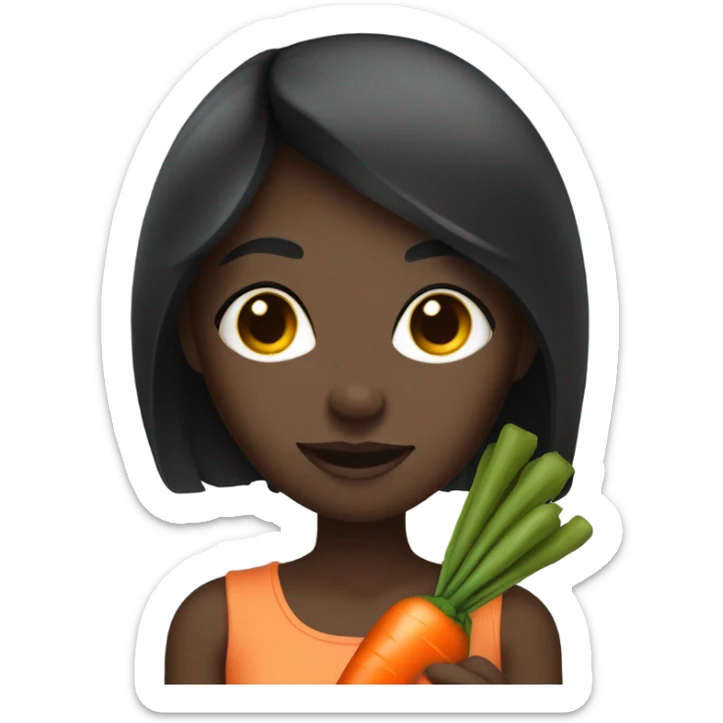 Dark skin girl with straight black hair holding a carrot sticker