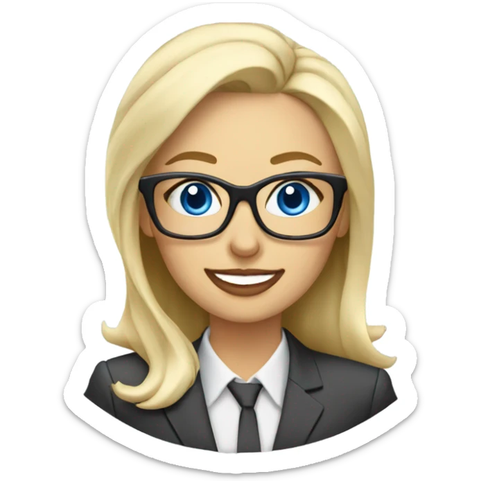 Corporate blonde boss lady with glasses happy blue eyes sitting at a desk drinking coffee  sticker