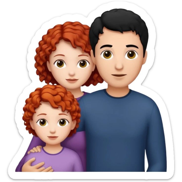 a family of three, all three white: the mother with short, curly red hair, the father with black hair, and the daughter with black hair. sticker