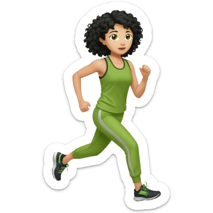 a woman with olive skin tone and curly black hair wearing green and jogging sticker